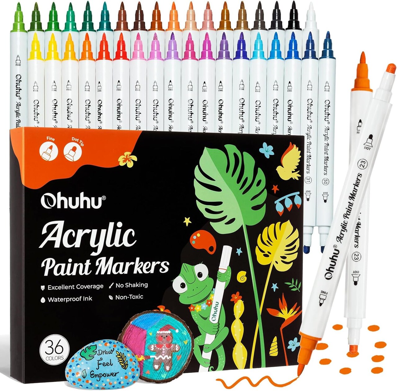 Ohuhu Acrylic Paint Markers Dual Tips: 36 Colors Dual Tips Paint Pens High Opacity Acrylic Markers Waterproof Lightfast for Rock Painting Easter Eggs Wood Glass Ceramic Canvas- Brush & Dot/ Fine & Dot/ Brush & Fine